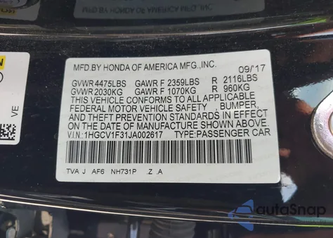 2018 Honda Accord Sport from USA, damaged, VIN 1HGCV1F31JA002617